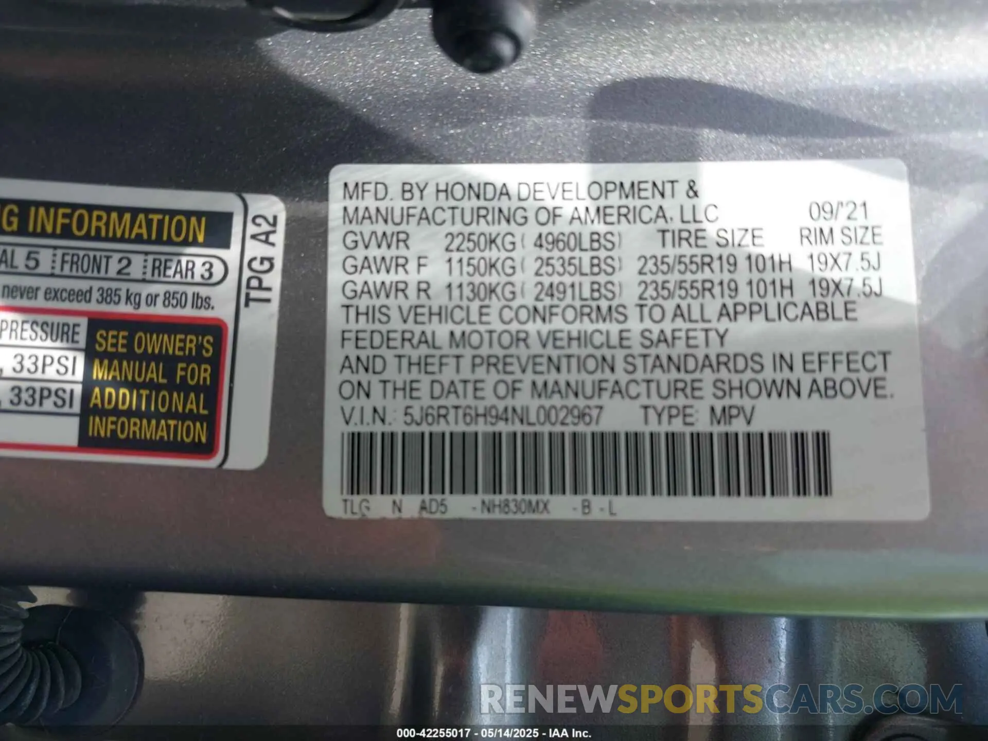 9 Photograph of a damaged car 5J6RT6H94NL002967 HONDA CR-V HYBRID 2022