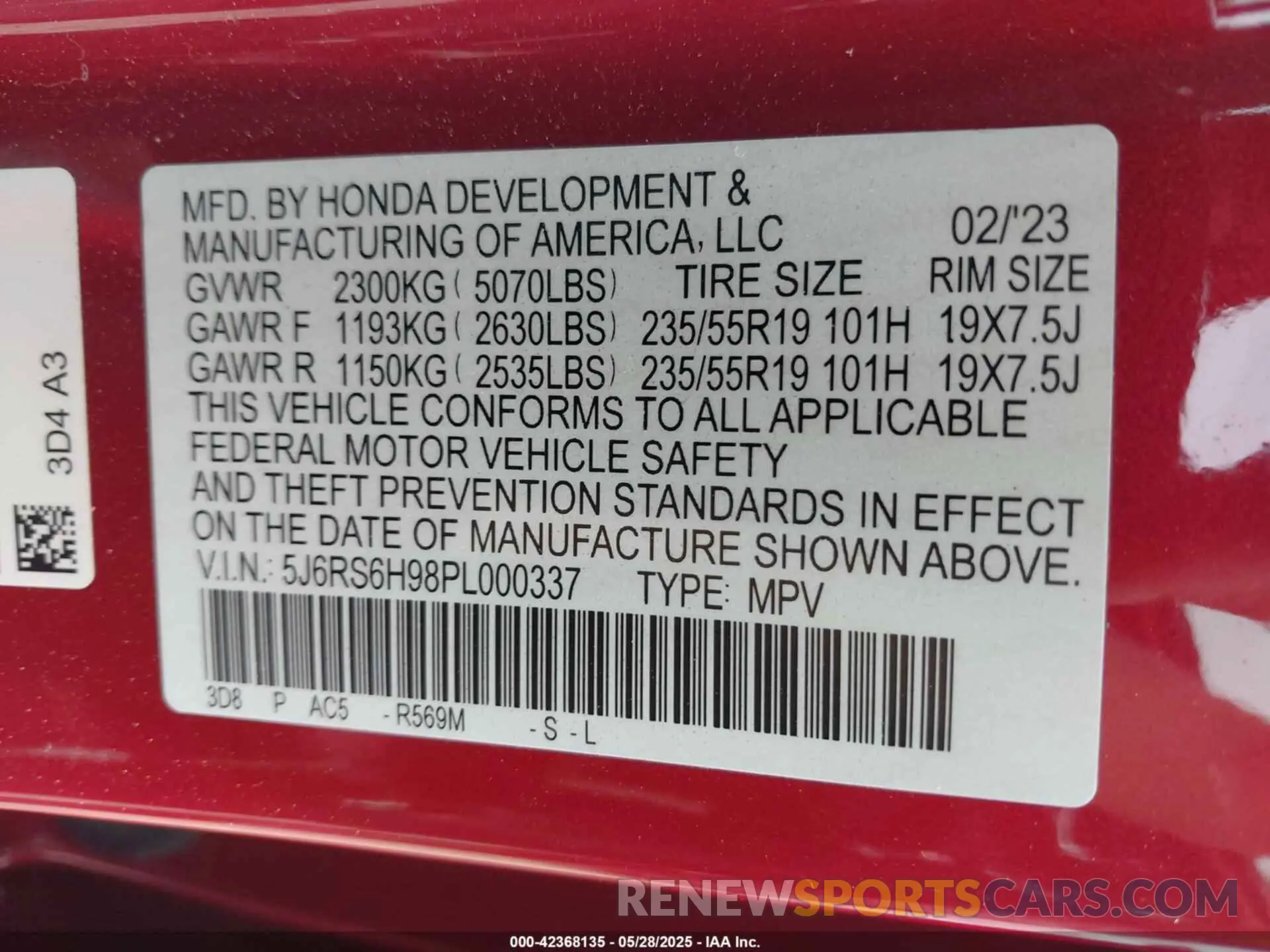 9 Photograph of a damaged car 5J6RS6H98PL000337 HONDA CR-V HYBRID 2023