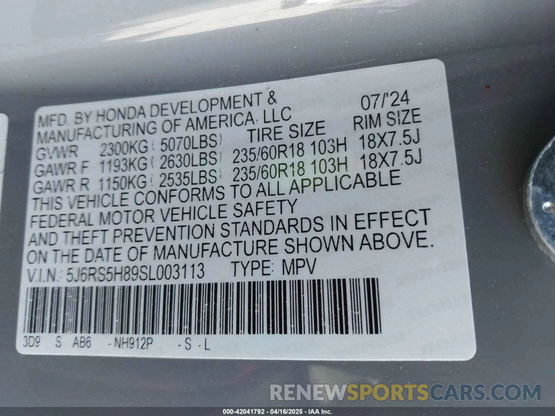 9 Фотография поврежденного автомобиля 5J6RS5H89SL003113 HONDA CR-V HYBRID 2025