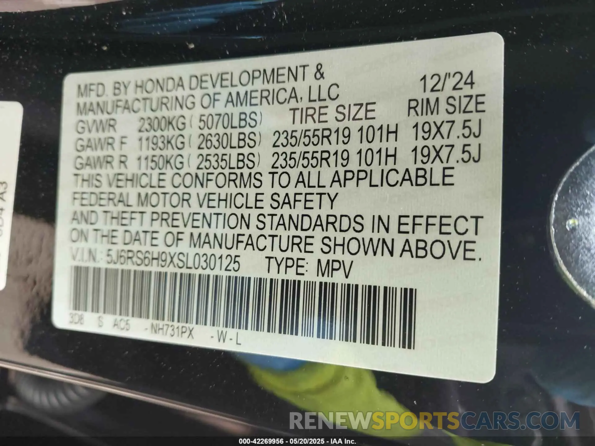 9 Фотография поврежденного автомобиля 5J6RS6H9XSL030125 HONDA CR-V HYBRID 2025