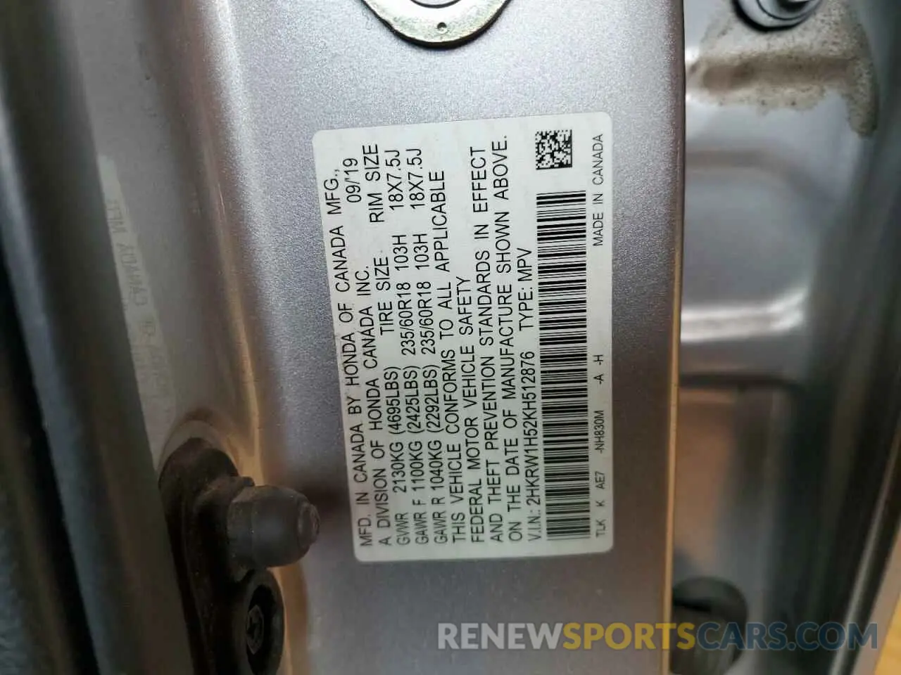 15 Фотография поврежденного автомобиля 2HKRW1H52KH512876 HONDA CRV 2019