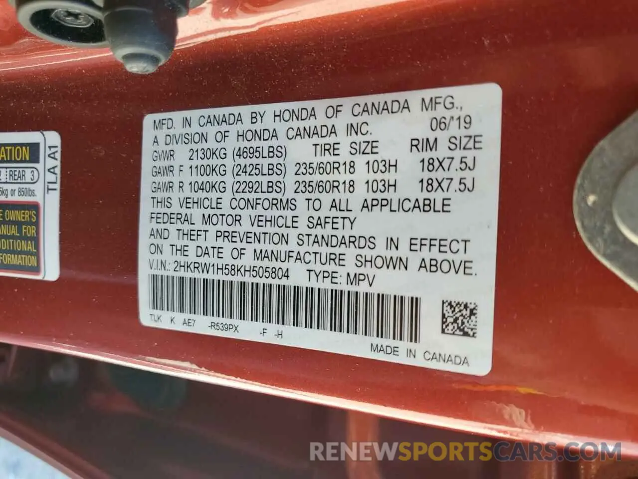 14 Photograph of a damaged car 2HKRW1H58KH505804 HONDA CRV 2019