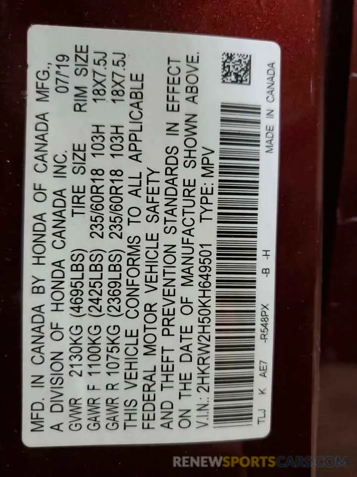 13 Photograph of a damaged car 2HKRW2H50KH649501 HONDA CRV 2019