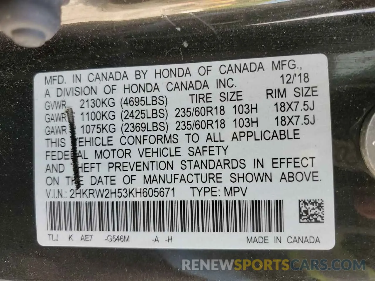 12 Photograph of a damaged car 2HKRW2H53KH605671 HONDA CRV 2019