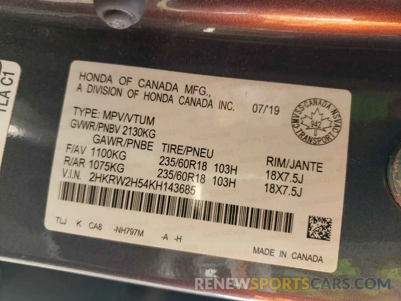 13 Photograph of a damaged car 2HKRW2H54KH143685 HONDA CRV 2019