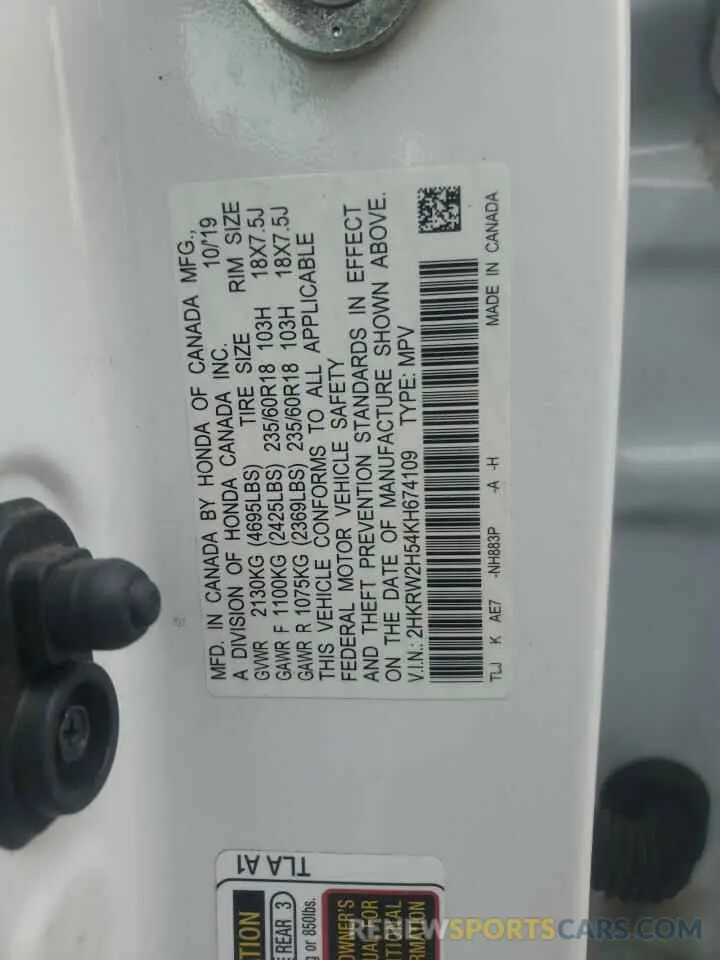 13 Photograph of a damaged car 2HKRW2H54KH674109 HONDA CRV 2019