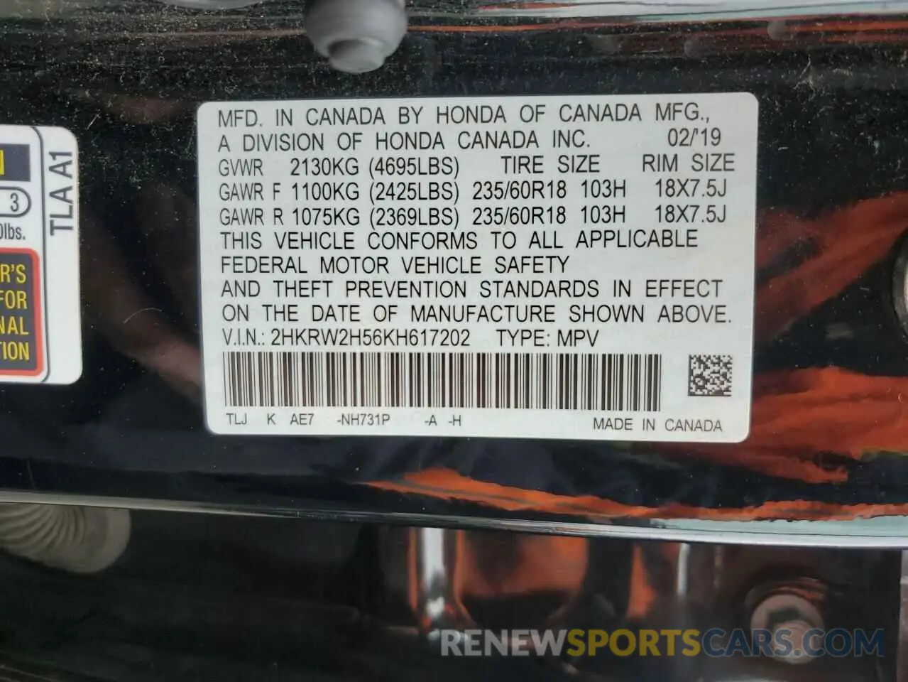 15 Photograph of a damaged car 2HKRW2H56KH617202 HONDA CRV 2019