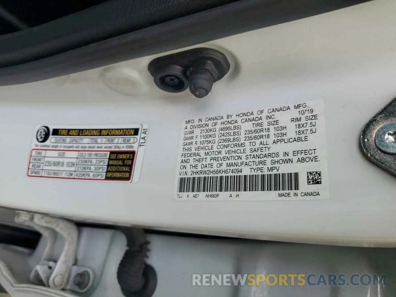 13 Photograph of a damaged car 2HKRW2H56KH674094 HONDA CRV 2019