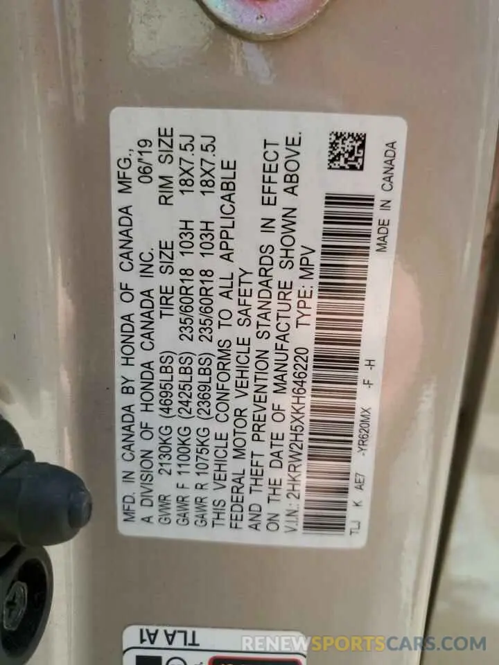 13 Фотография поврежденного автомобиля 2HKRW2H5XKH646220 HONDA CRV 2019