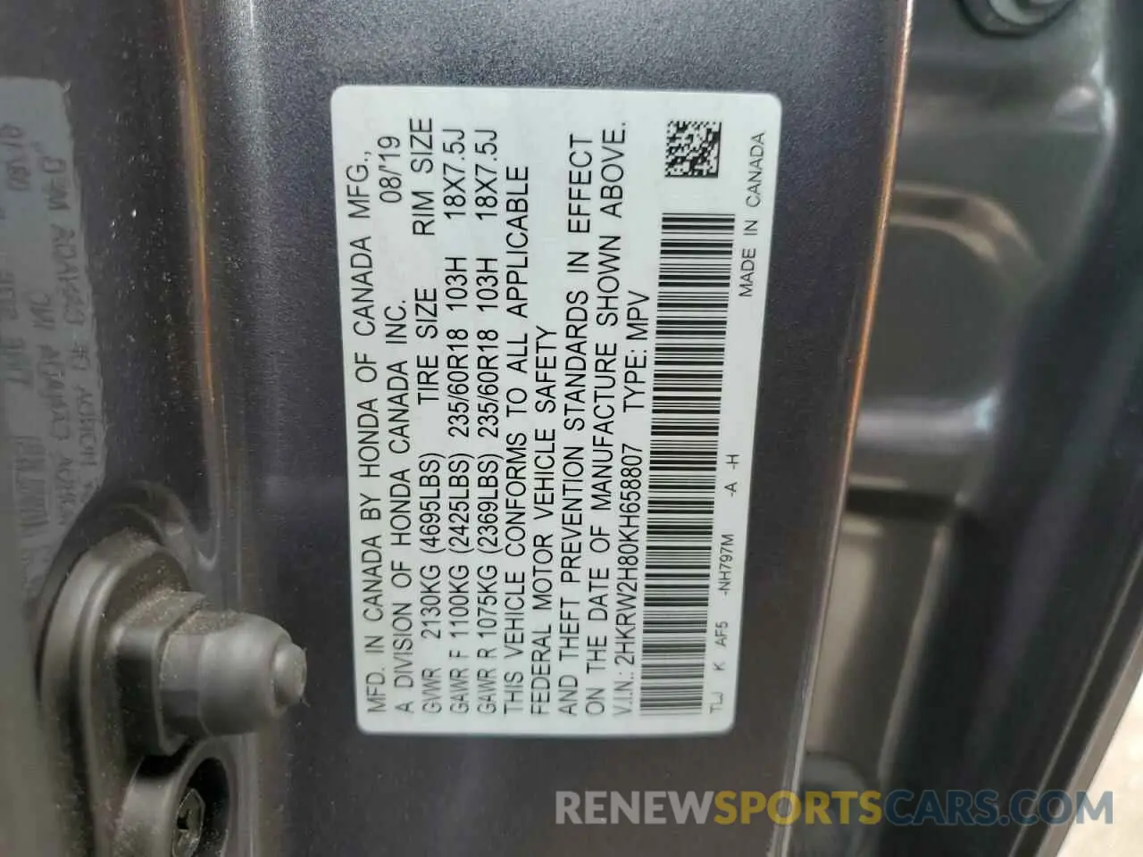 13 Photograph of a damaged car 2HKRW2H80KH658807 HONDA CRV 2019