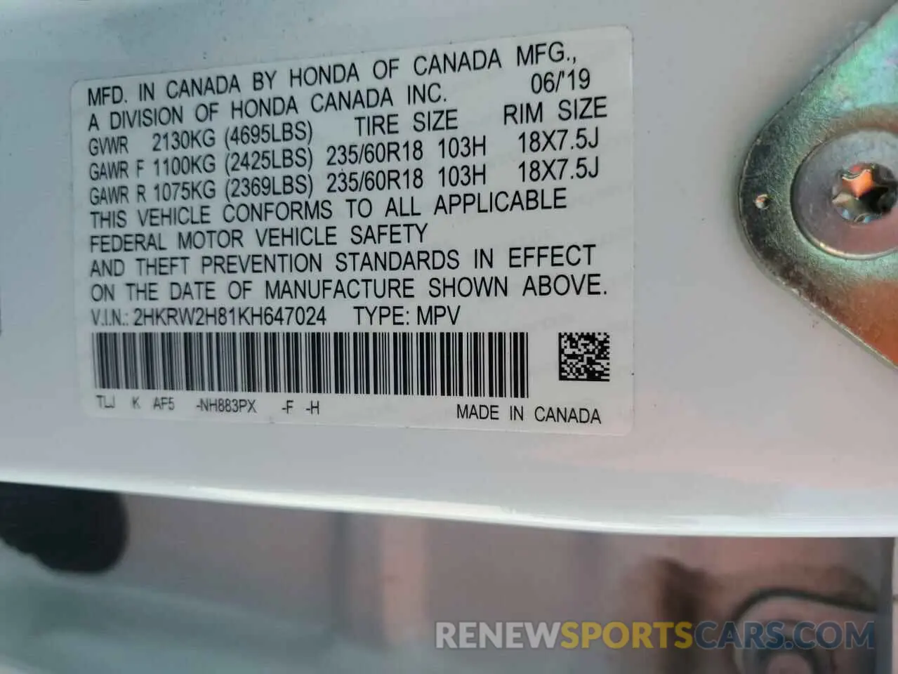 14 Photograph of a damaged car 2HKRW2H81KH647024 HONDA CRV 2019