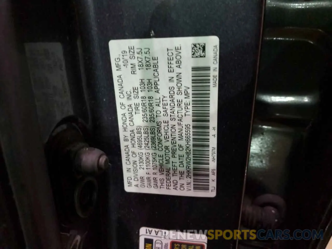 13 Photograph of a damaged car 2HKRW2H82KH665595 HONDA CRV 2019