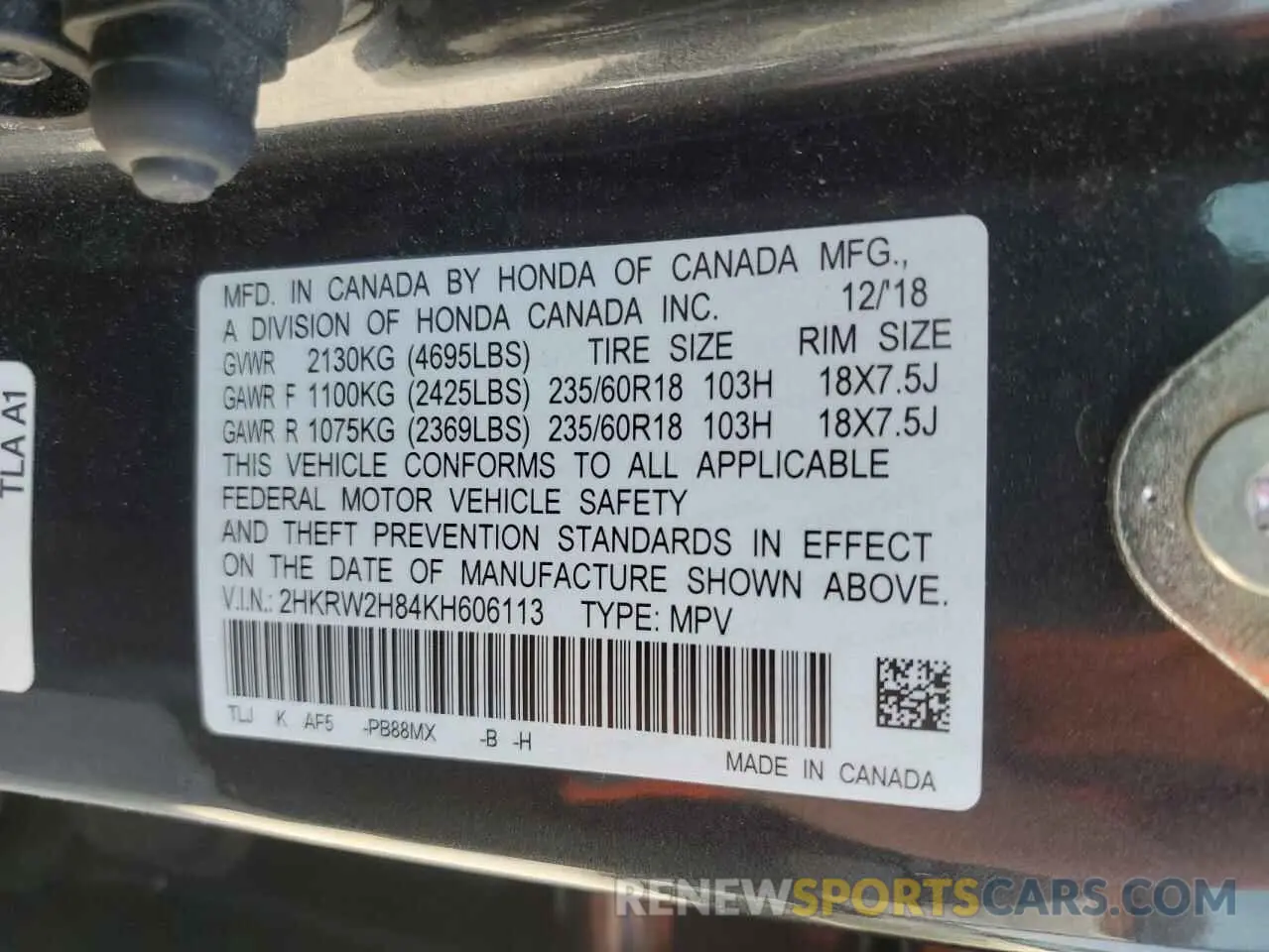 13 Photograph of a damaged car 2HKRW2H84KH606113 HONDA CRV 2019