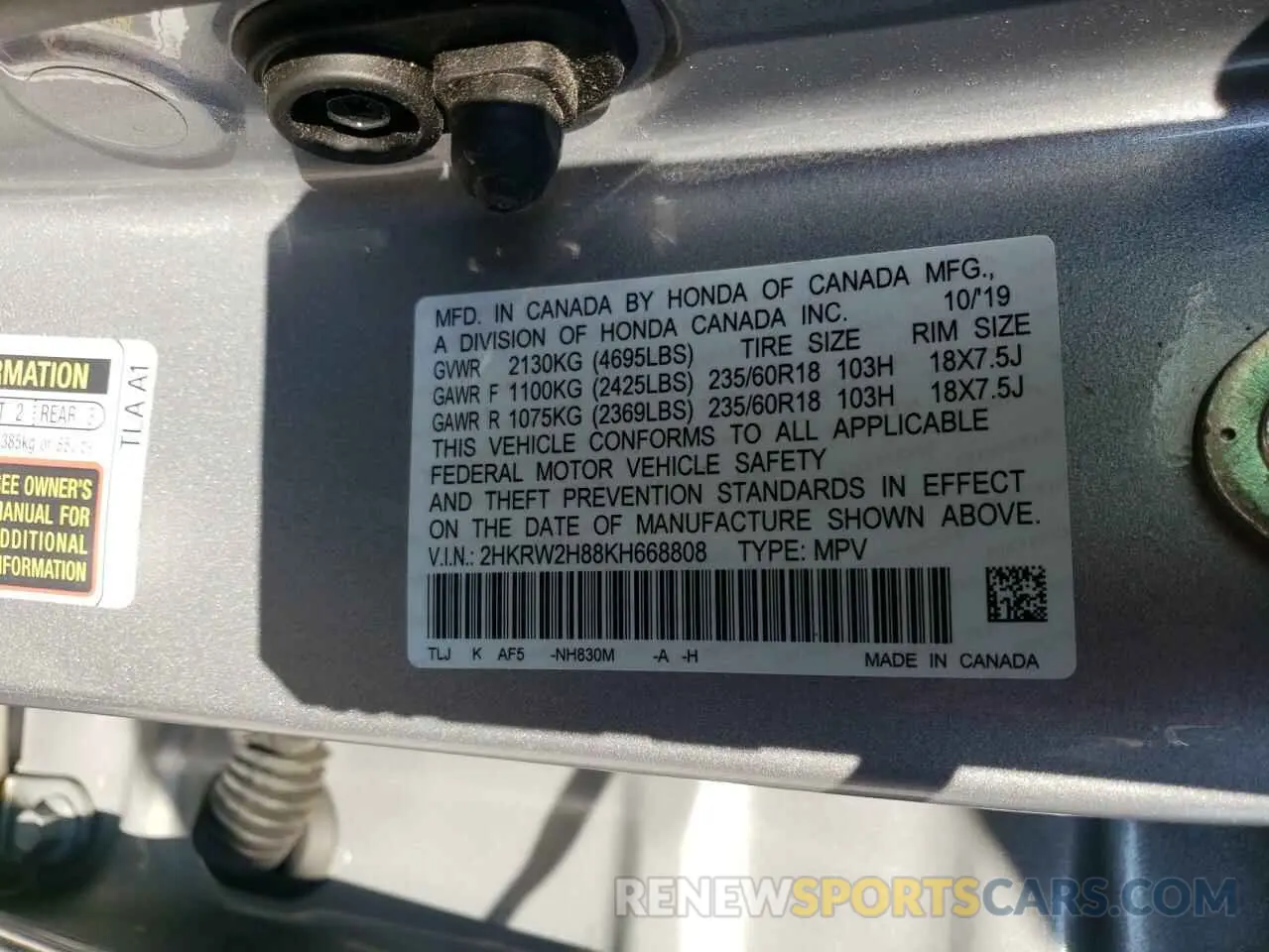 13 Photograph of a damaged car 2HKRW2H88KH668808 HONDA CRV 2019