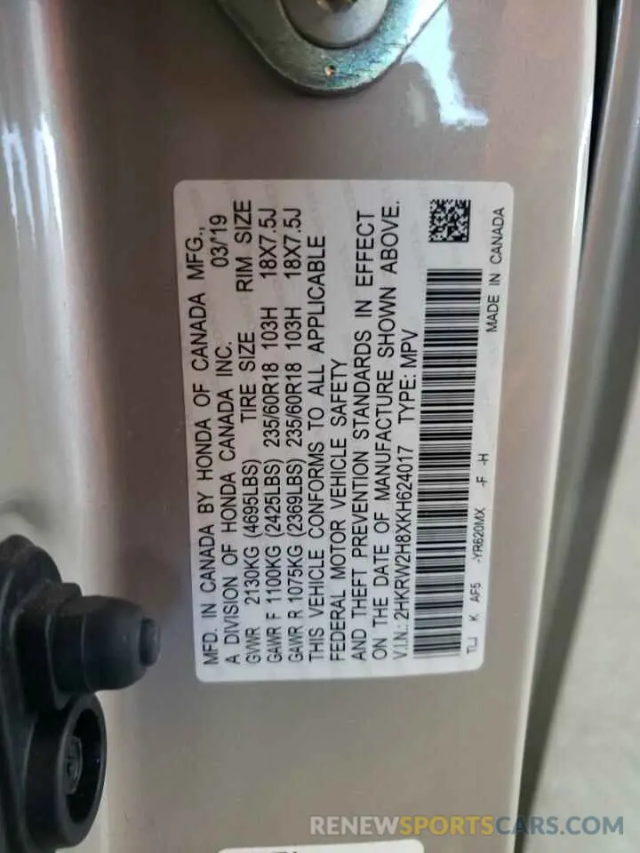 13 Фотография поврежденного автомобиля 2HKRW2H8XKH624017 HONDA CRV 2019