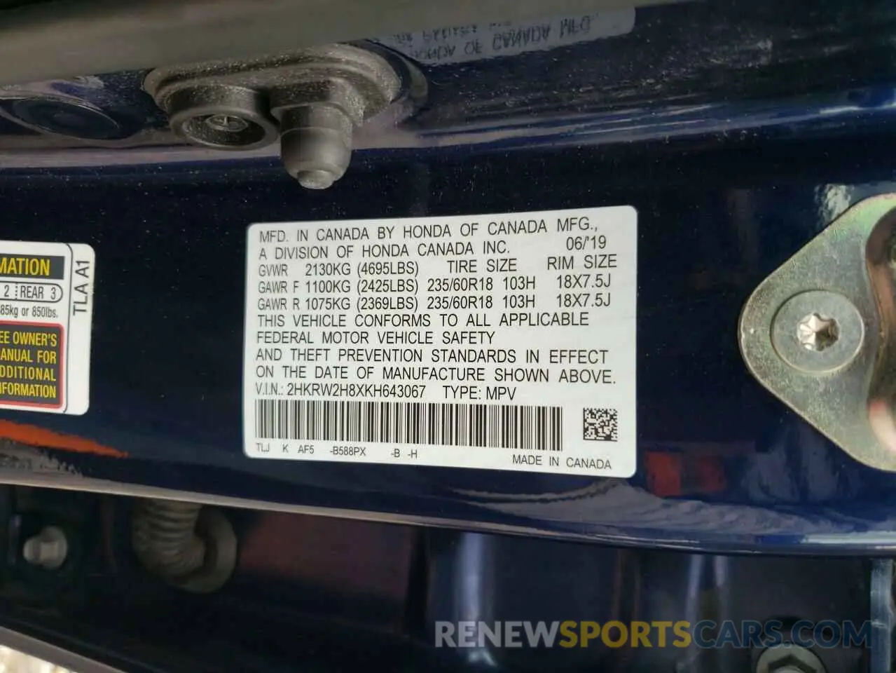 13 Фотография поврежденного автомобиля 2HKRW2H8XKH643067 HONDA CRV 2019