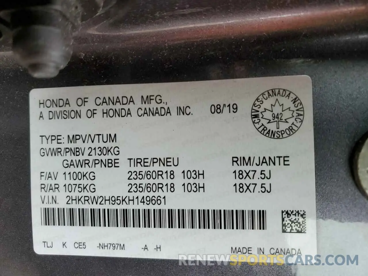 13 Photograph of a damaged car 2HKRW2H95KH149661 HONDA CRV 2019