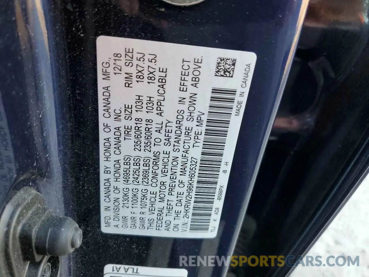 13 Фотография поврежденного автомобиля 2HKRW2H96KH605327 HONDA CRV 2019