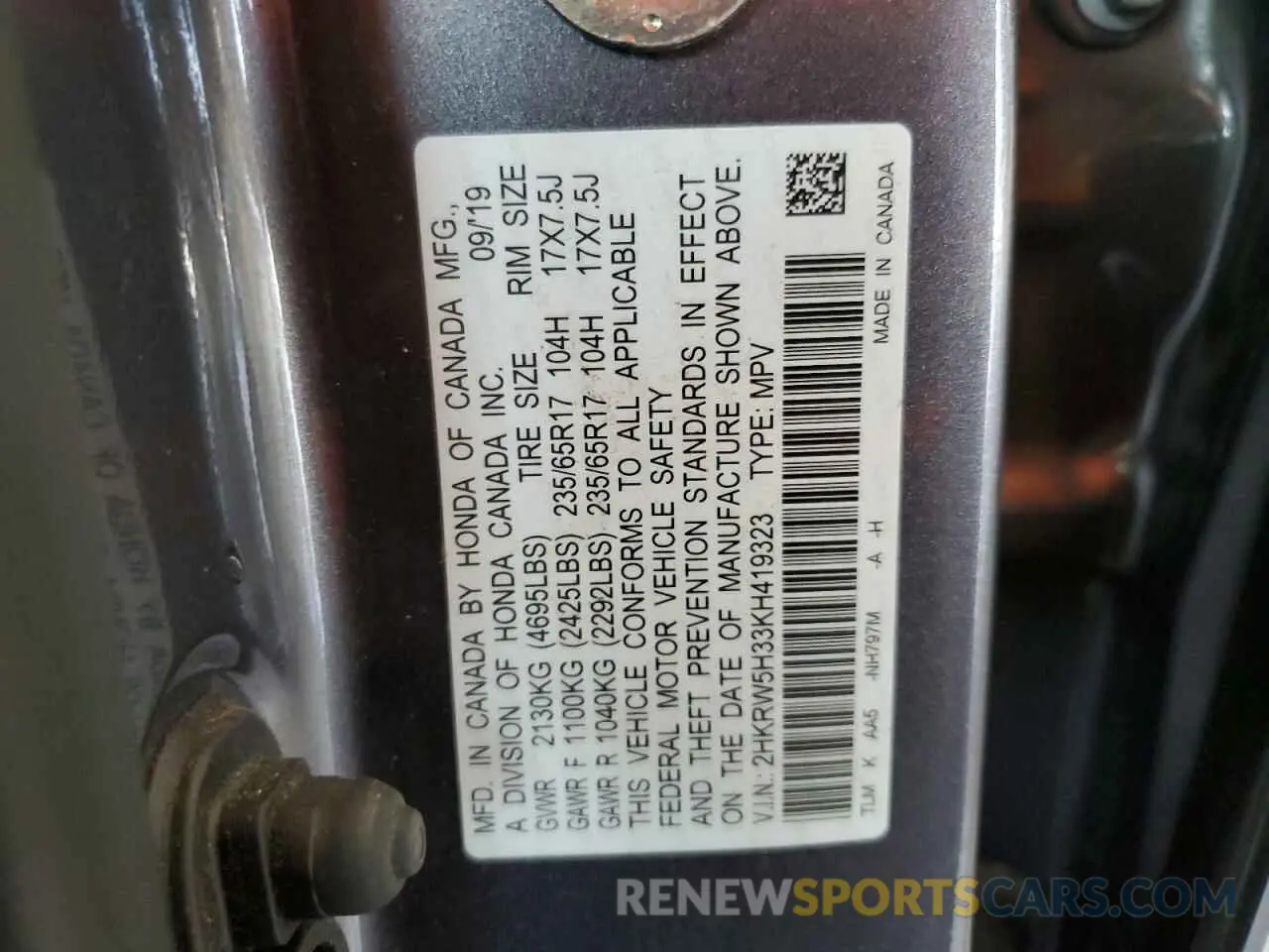 14 Фотография поврежденного автомобиля 2HKRW5H33KH419323 HONDA CRV 2019