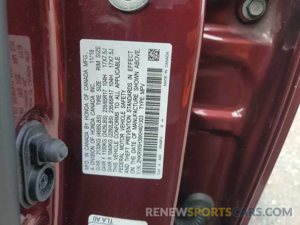 13 Фотография поврежденного автомобиля 2HKRW5H36KH401303 HONDA CRV 2019