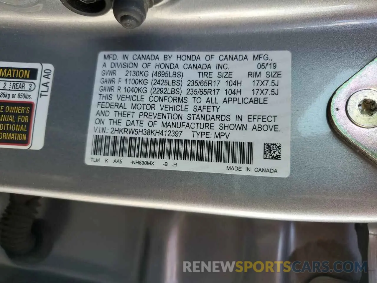 14 Фотография поврежденного автомобиля 2HKRW5H38KH412397 HONDA CRV 2019