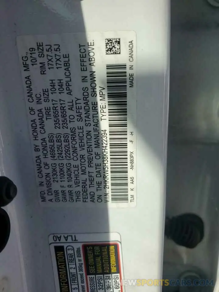 14 Photograph of a damaged car 2HKRW5H38KH422394 HONDA CRV 2019