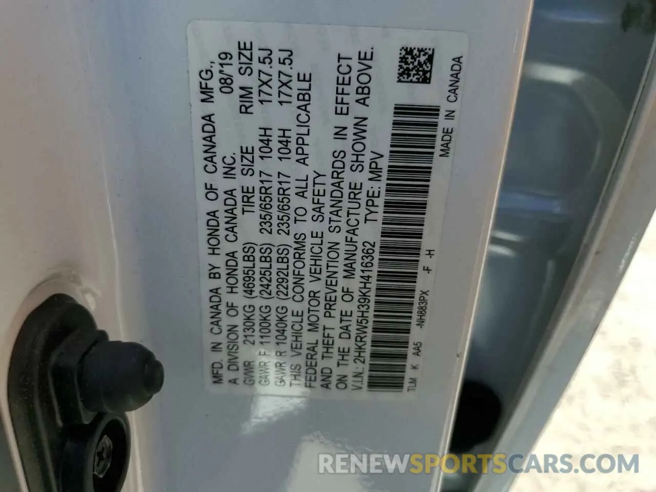 15 Photograph of a damaged car 2HKRW5H39KH416362 HONDA CRV 2019