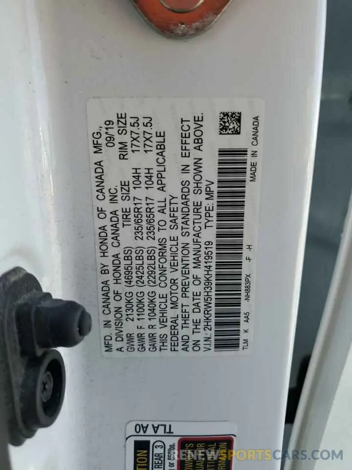 13 Photograph of a damaged car 2HKRW5H39KH419519 HONDA CRV 2019