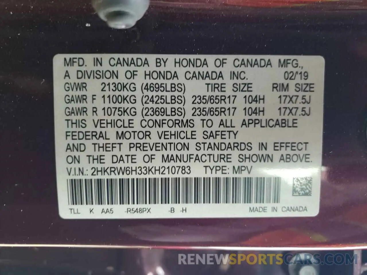 13 Photograph of a damaged car 2HKRW6H33KH210783 HONDA CRV 2019