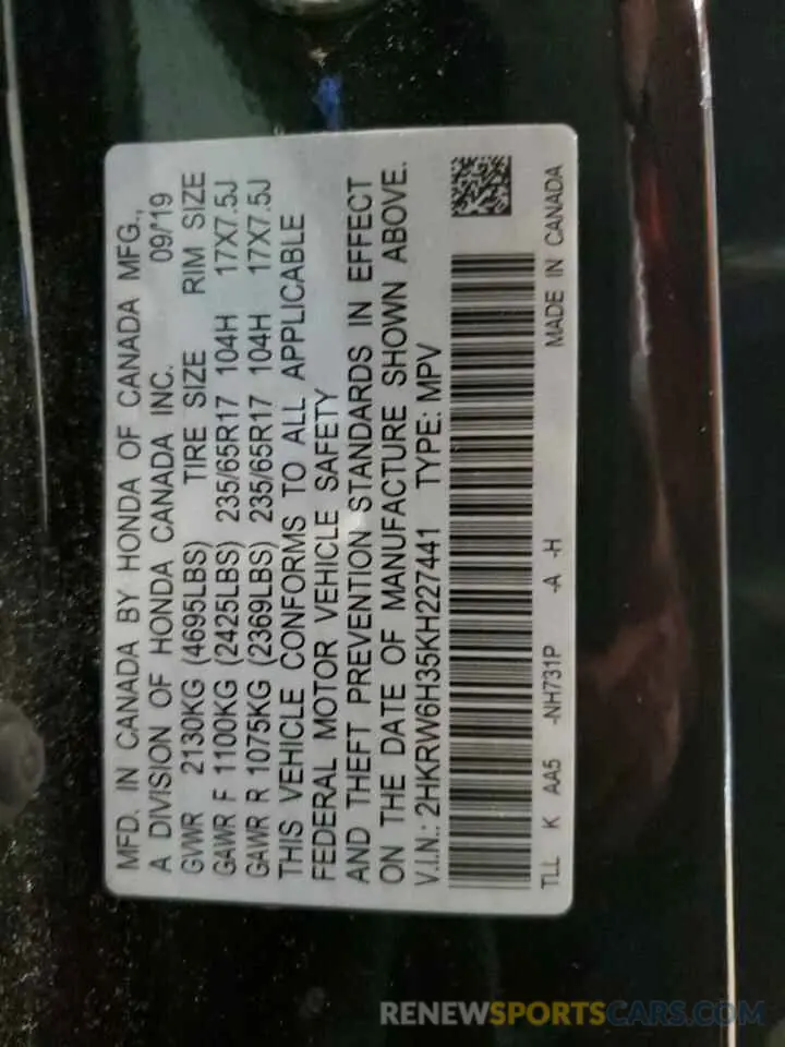 12 Photograph of a damaged car 2HKRW6H35KH227441 HONDA CRV 2019