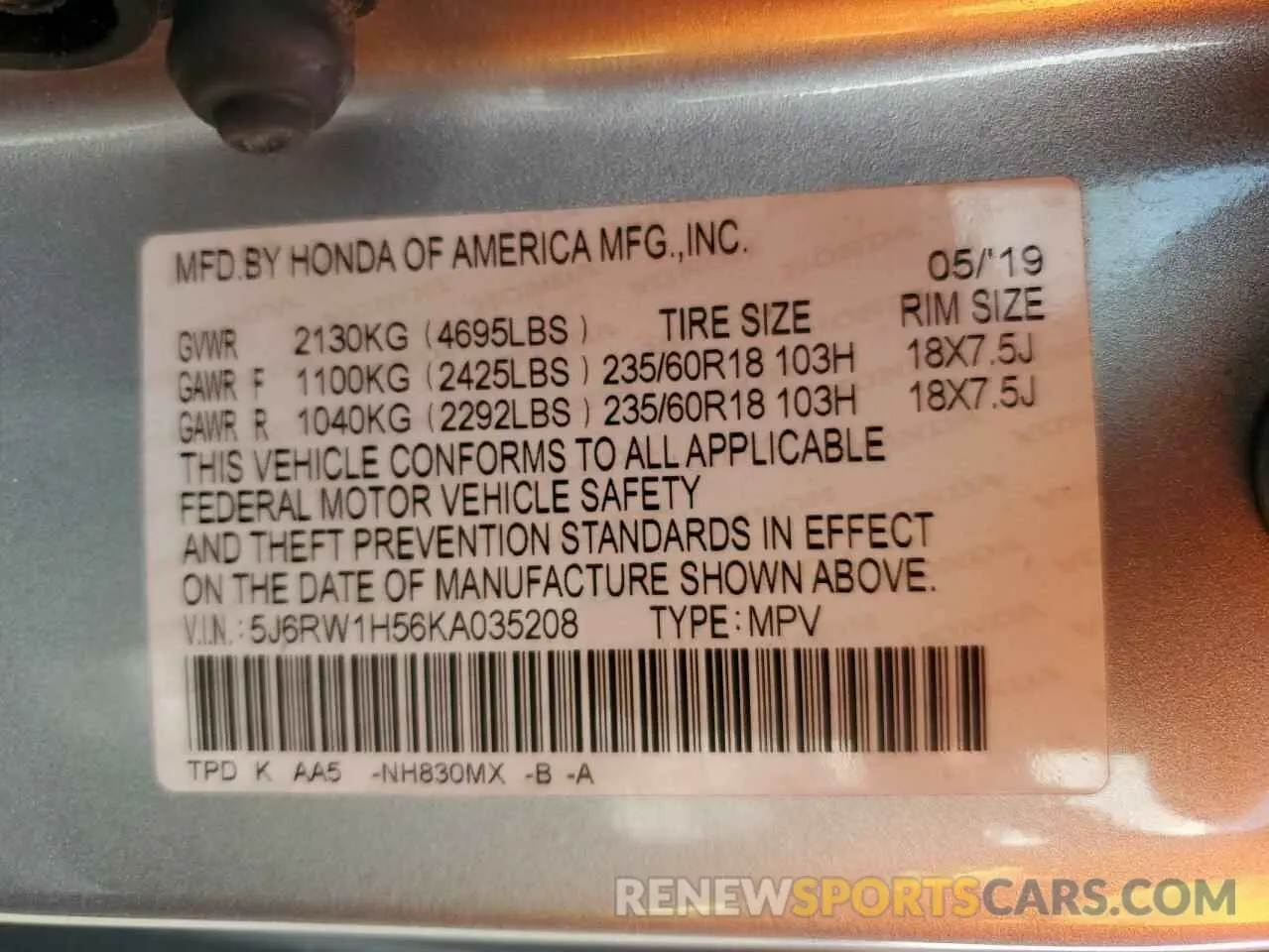 14 Photograph of a damaged car 5J6RW1H56KA035208 HONDA CRV 2019