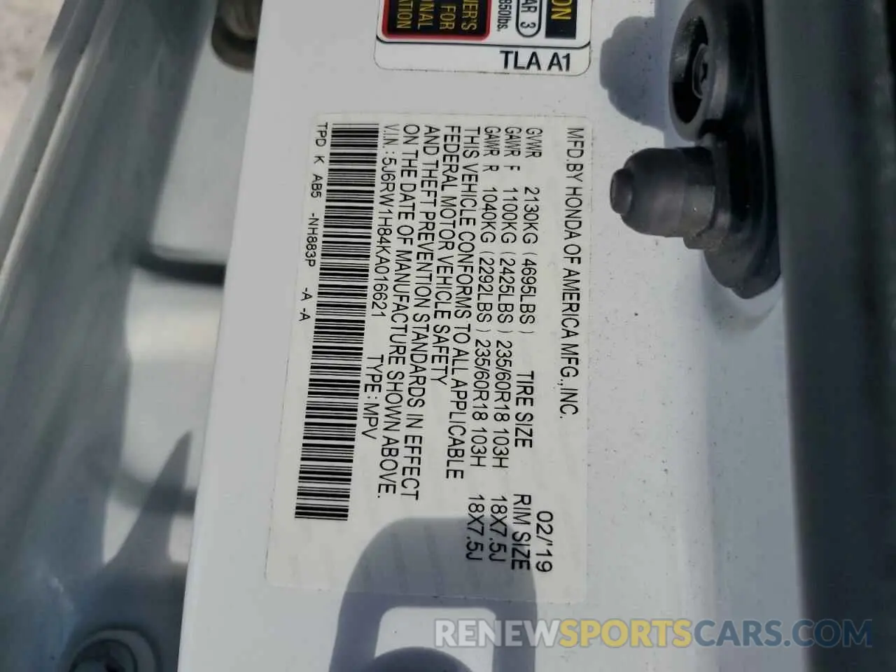 15 Photograph of a damaged car 5J6RW1H84KA016621 HONDA CRV 2019