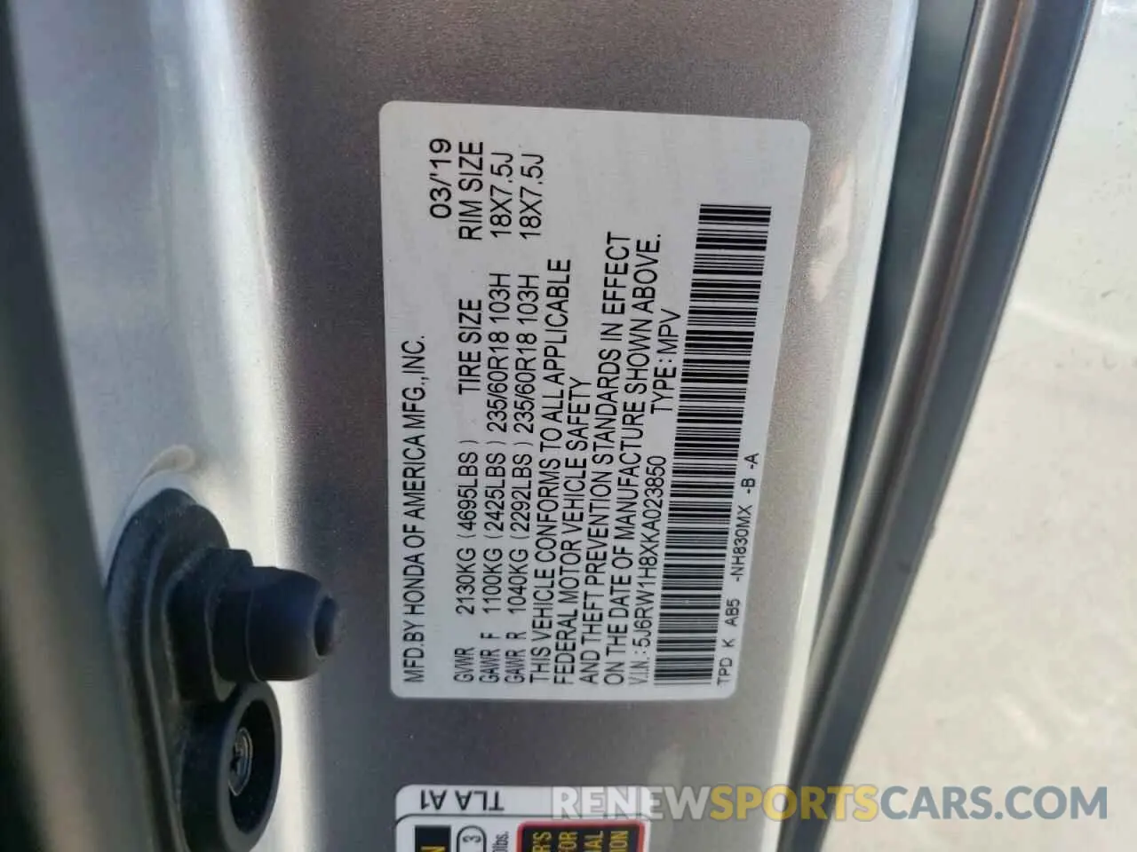 12 Фотография поврежденного автомобиля 5J6RW1H8XKA023850 HONDA CRV 2019