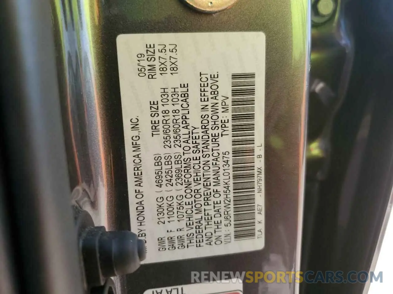 13 Фотография поврежденного автомобиля 5J6RW2H54KL013475 HONDA CRV 2019