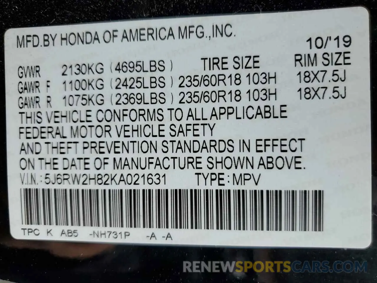 13 Фотография поврежденного автомобиля 5J6RW2H82KA021631 HONDA CRV 2019