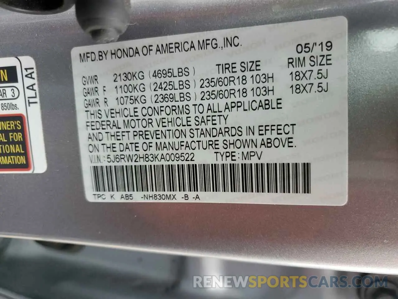 14 Photograph of a damaged car 5J6RW2H83KA009522 HONDA CRV 2019