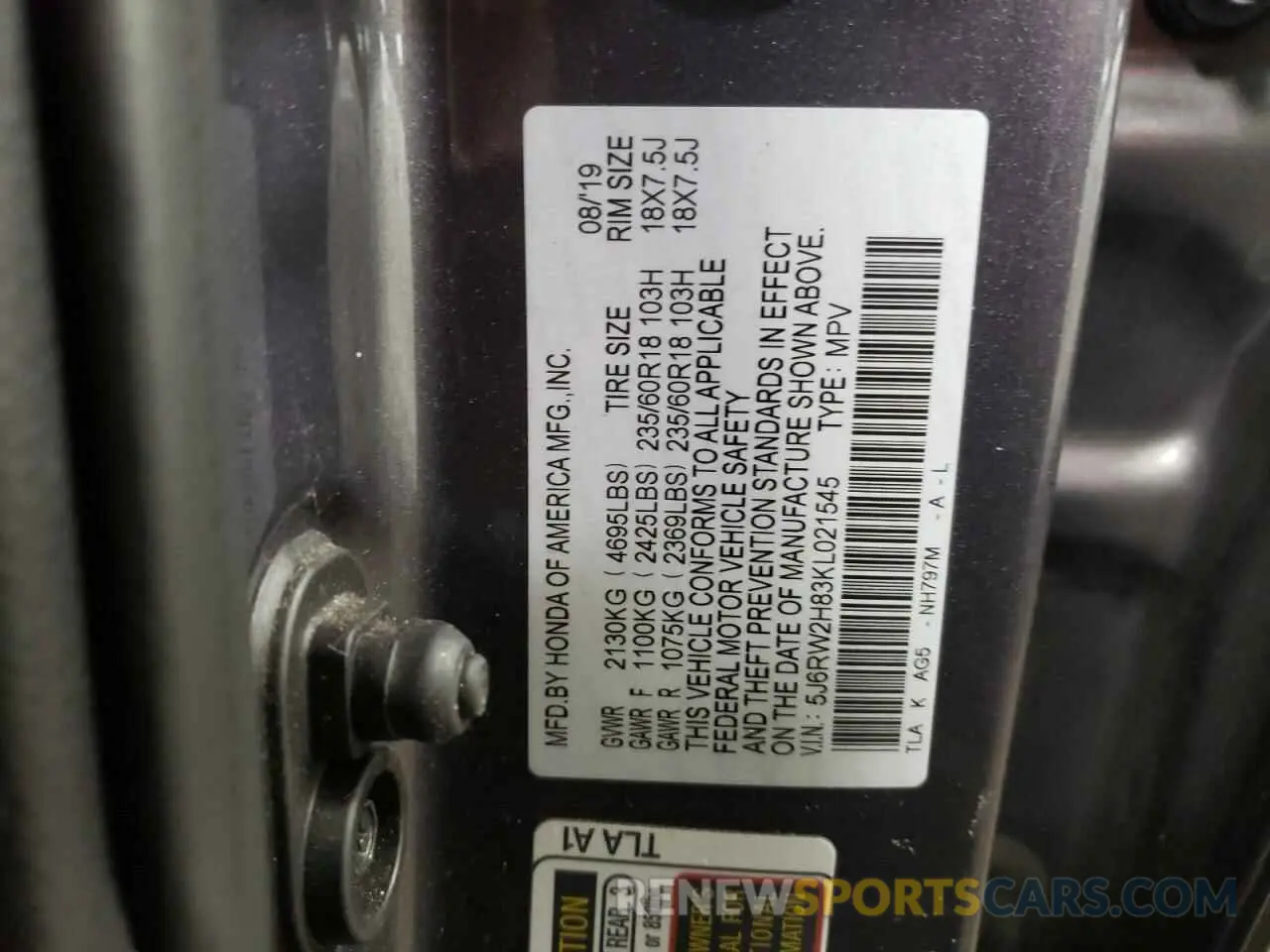 12 Фотография поврежденного автомобиля 5J6RW2H83KL021545 HONDA CRV 2019