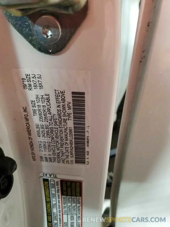 13 Фотография поврежденного автомобиля 5J6RW2H85KL026861 HONDA CRV 2019
