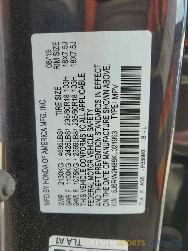 13 Фотография поврежденного автомобиля 5J6RW2H88KL021993 HONDA CRV 2019