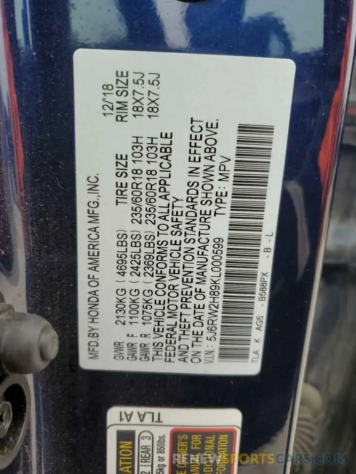 14 Photograph of a damaged car 5J6RW2H89KL000599 HONDA CRV 2019