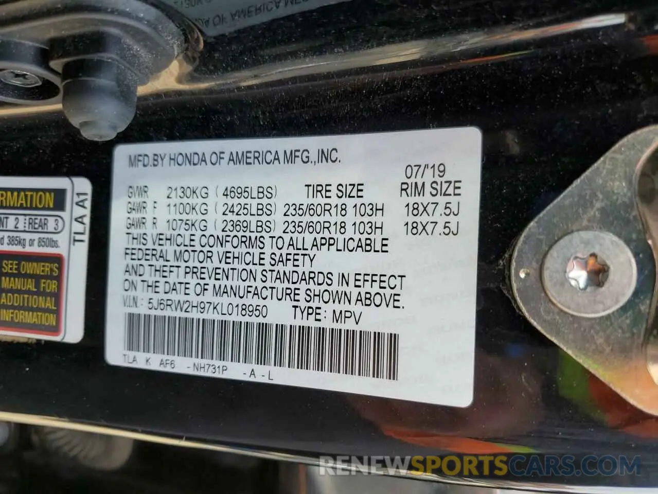 12 Photograph of a damaged car 5J6RW2H97KL018950 HONDA CRV 2019