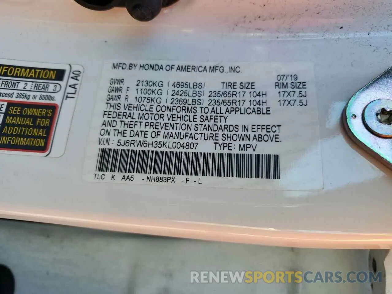 13 Photograph of a damaged car 5J6RW6H35KL004807 HONDA CRV 2019