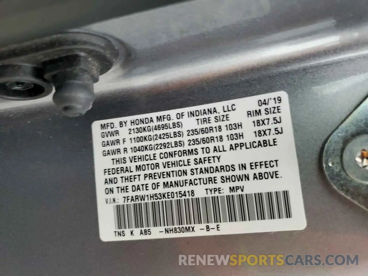 13 Photograph of a damaged car 7FARW1H53KE015418 HONDA CRV 2019