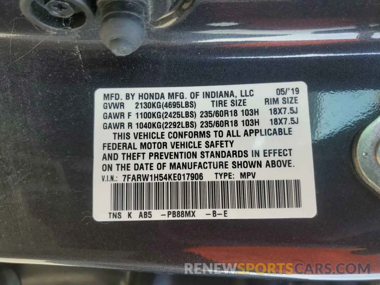 14 Photograph of a damaged car 7FARW1H54KE017906 HONDA CRV 2019
