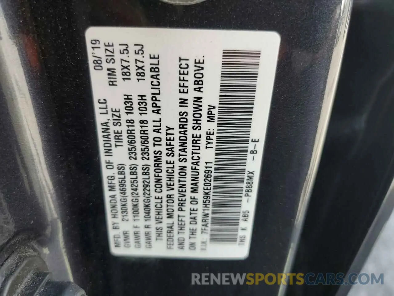 15 Фотография поврежденного автомобиля 7FARW1H59KE026911 HONDA CRV 2019