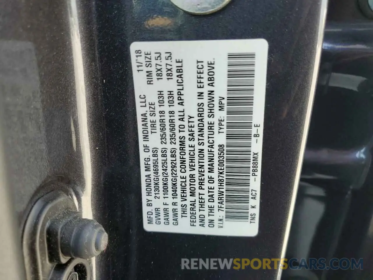 14 Photograph of a damaged car 7FARW1H87KE003508 HONDA CRV 2019
