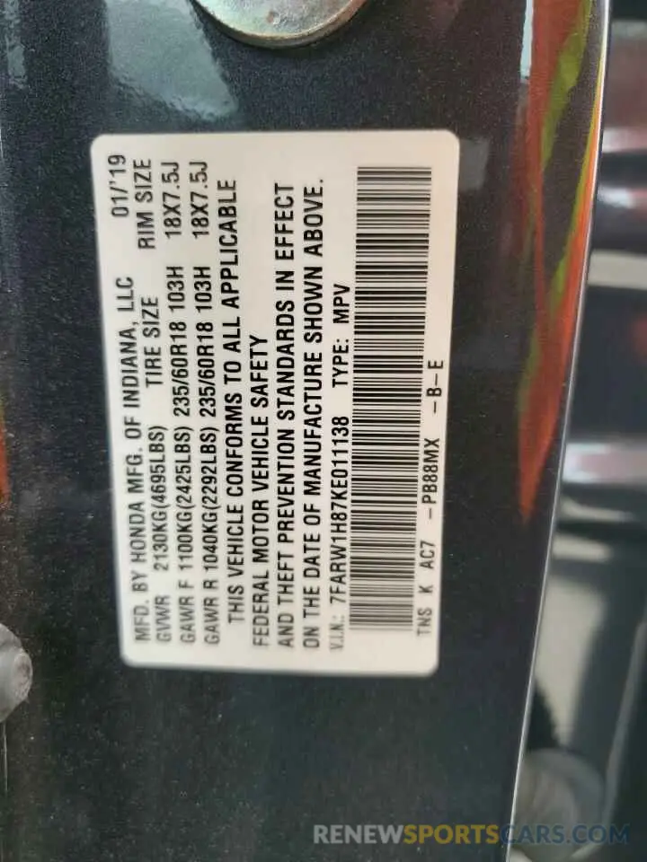 16 Photograph of a damaged car 7FARW1H87KE011138 HONDA CRV 2019