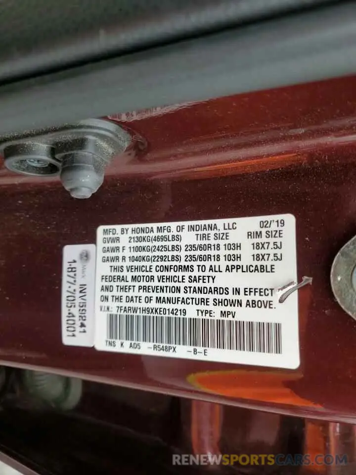 14 Photograph of a damaged car 7FARW1H9XKE014219 HONDA CRV 2019