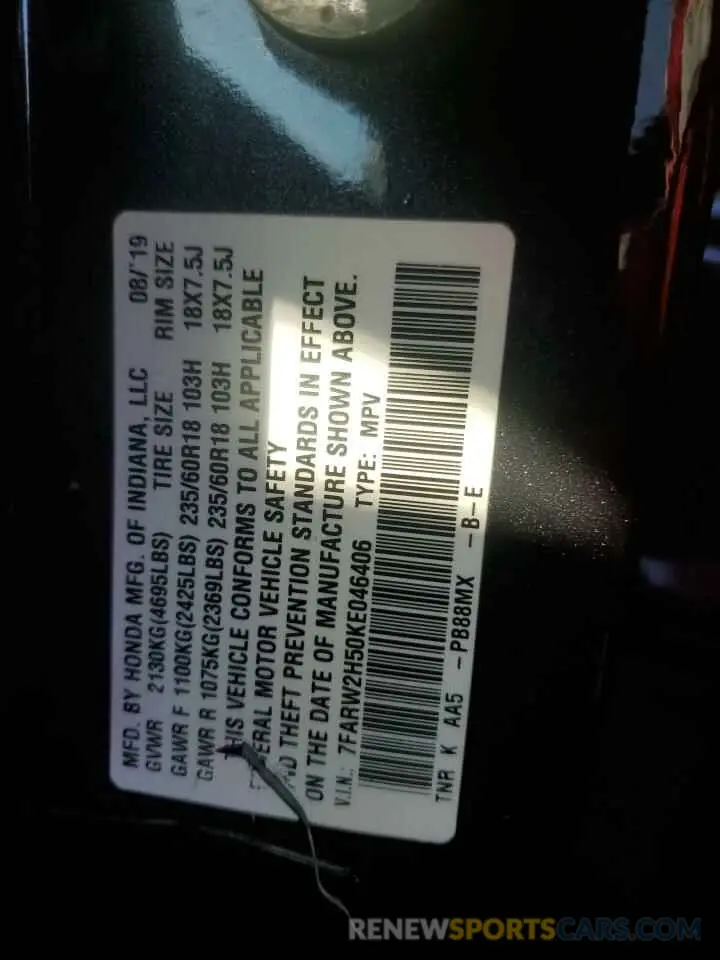 14 Photograph of a damaged car 7FARW2H50KE046406 HONDA CRV 2019