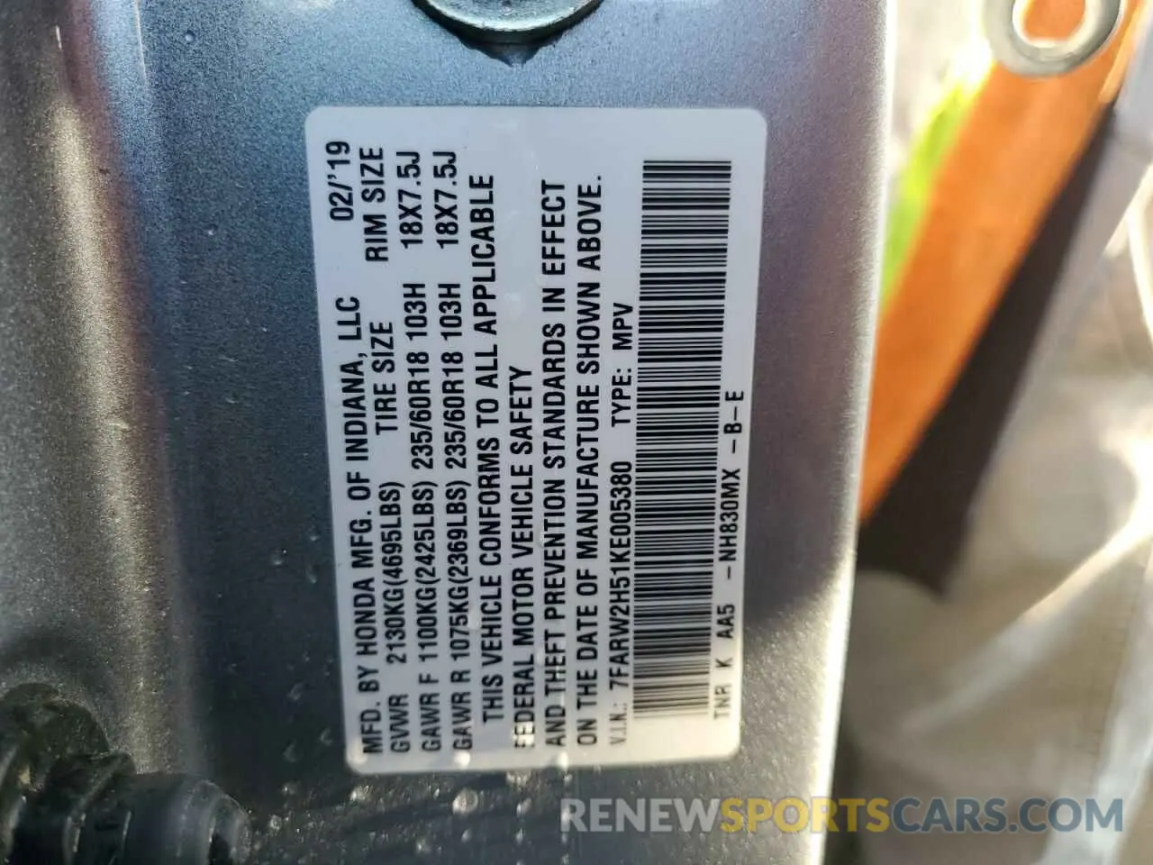 14 Photograph of a damaged car 7FARW2H51KE005380 HONDA CRV 2019